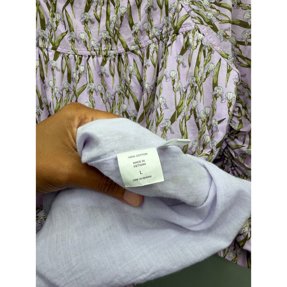 Happy X Nature Lavender Iris Floral Cotton Mini Dress L Puff Sleeve - Picture 6 of 6